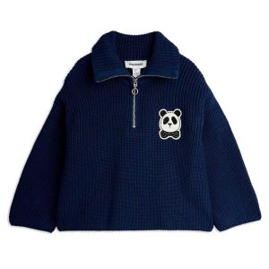 Panda patch chunky knit half zip sweater