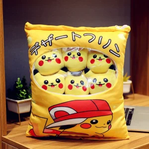 Borsa/cuscino Pikachu con 8 peluche Pikachu